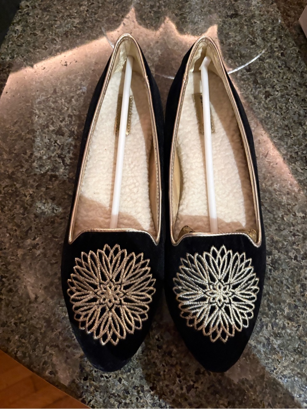 Birdies Black & Gold Embroidered Velvet Loafers and /or Slippers  Sherpa Lining